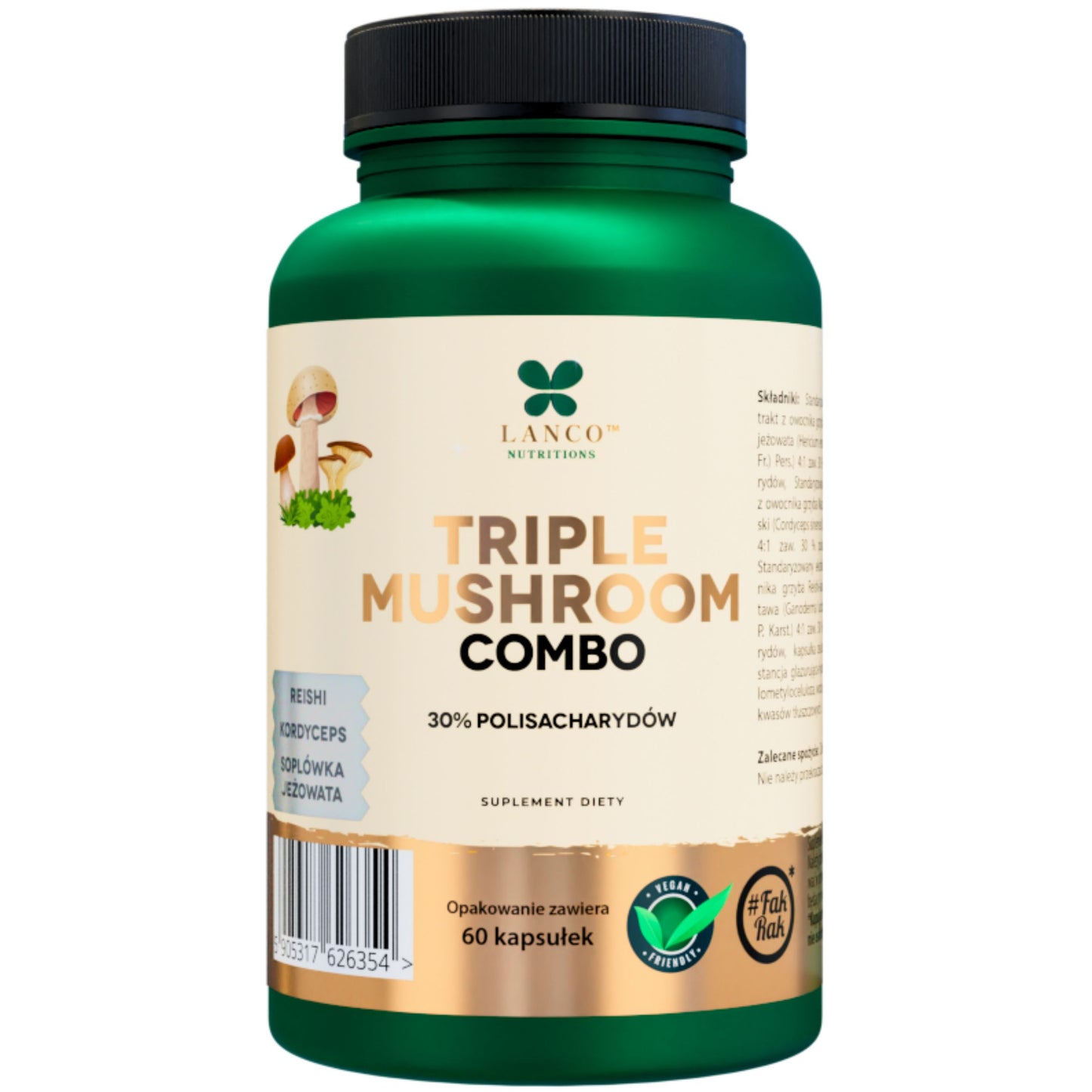 Triple Mushroom Combo 600mg - Soplówka Jeżowata - Lions Mane - Reishi - Kordyceps - aż 60 porcji