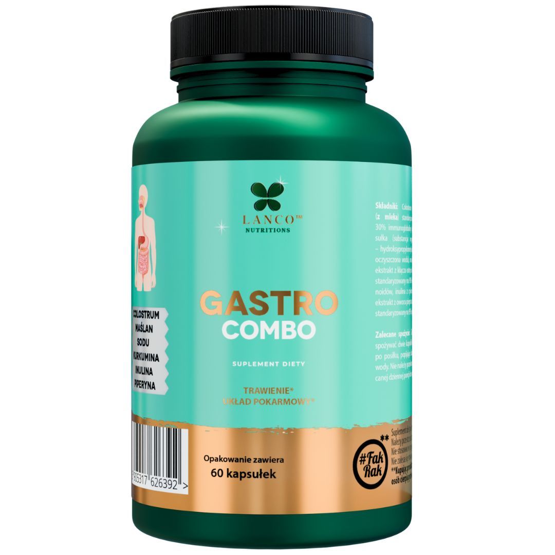 Gastro Combo 1200mg - Odporność i układ pokarmowy - Colostrum IgG 600mg, Kwas Masłowy, Inulina, Kurkumina, Piperyna, Maślan Sodu - 60 kaps