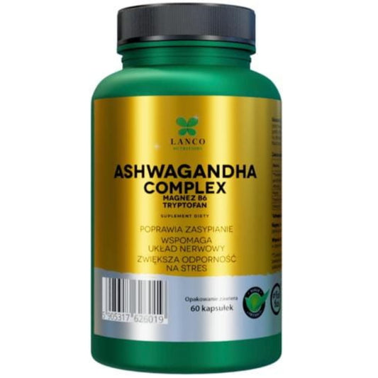 Złota Ashwagandha Complex PREMIUM 573mg Max dawka + Magnez B6 i Tryptofan - Suplement diety - 60 kapsułek