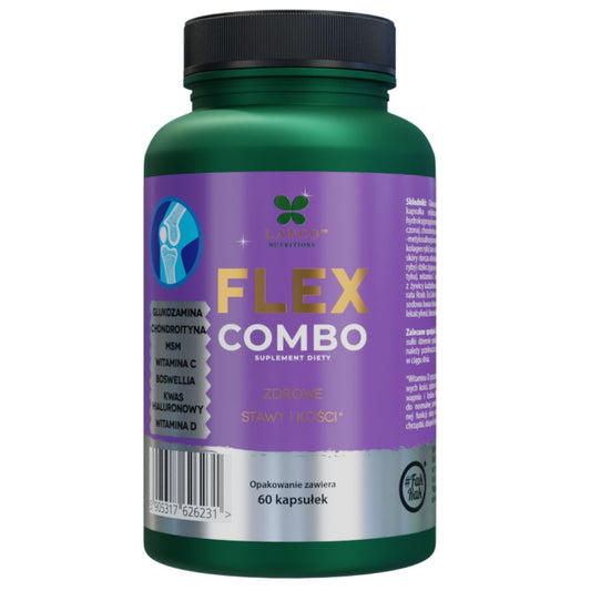 Flex Combo -  Tabletki na stawy i kości Premium - Glukozamina, Chondroityna, MSM + 5 innych - 60 kaps