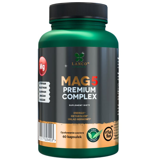 Magnez Mag5 Premium Complex - 5 najlepszych form magnezu - Cytrynian, Diglicynian, Glukonian, Jabłczan, Mleczan  - 60 kaps