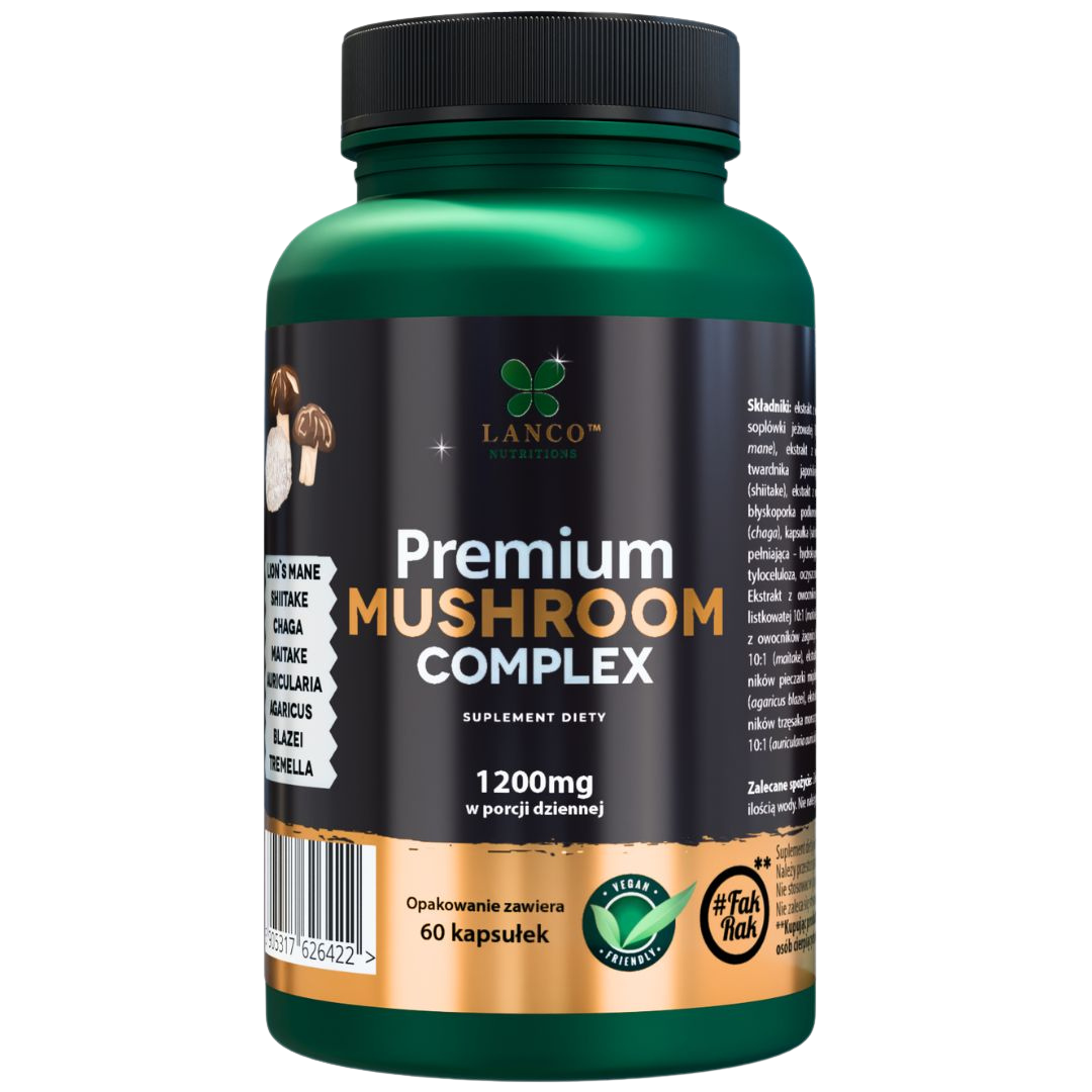 Premium Mushroom Complex - Mega dawka 1200mg - 7 grzybów funkcjonalnych - 60 kaps - Lion’s Mane (soplówka jeżowata), Shiitake, Chaga, Maitake, Auricularia, Agaricus Blazei, Tremella