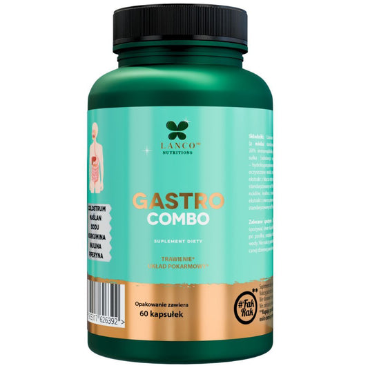 Gastro Combo 1200mg - Odporność i układ pokarmowy - Colostrum IgG 600mg, Kwas Masłowy, Inulina, Kurkumina, Piperyna, Maślan Sodu - 60 kaps