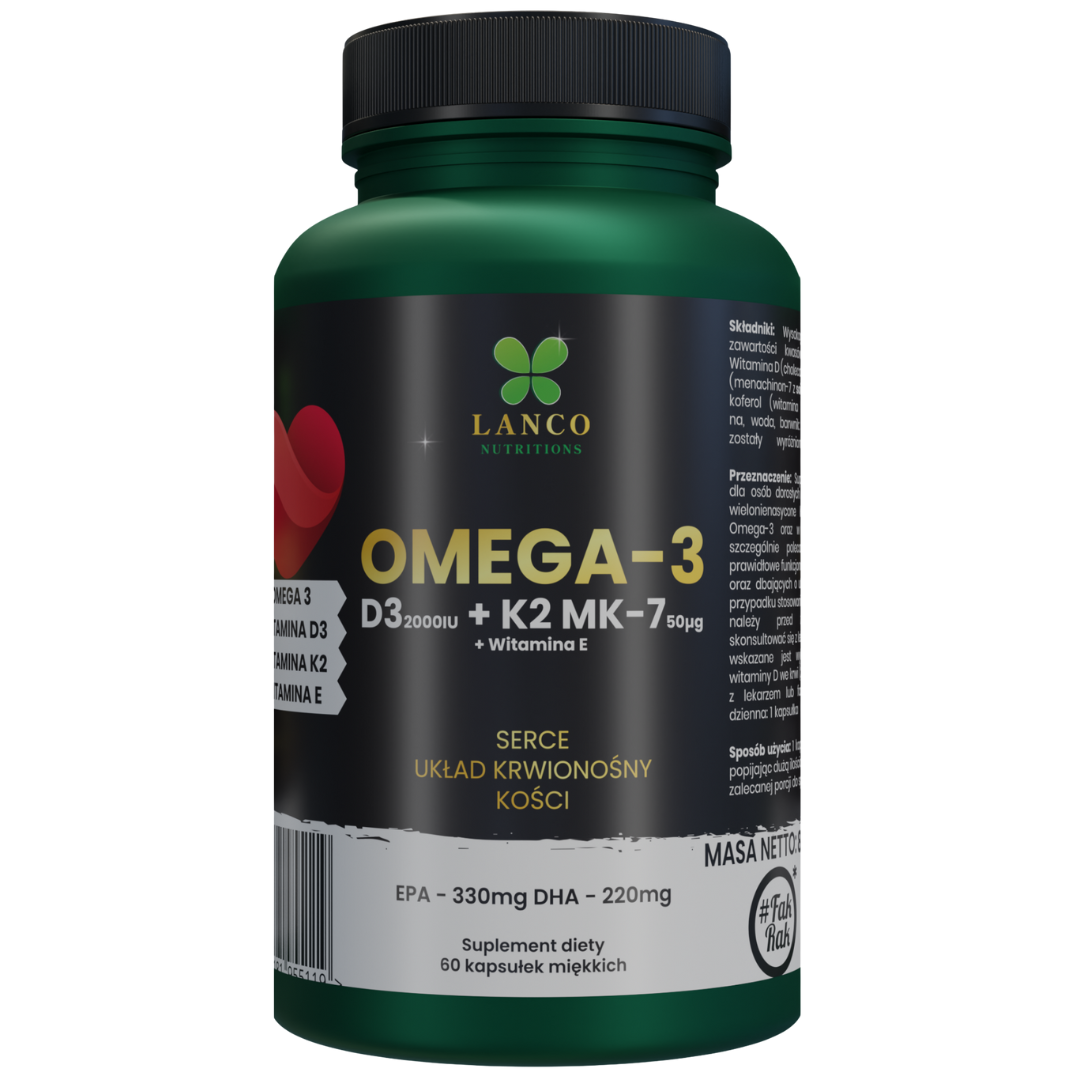 Omega-3 + D3 + K2 - Witamina D3 2000iu + Wit. K2 MK7  + Omega 3 1000mg (kwasy  EPA i DHA)  - 60 kapsułek